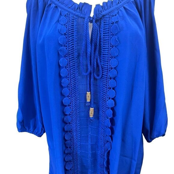 Tracy Reese Blue Cold Shoulder Scoop Neck Tunic Blouse size large 100% Silk - Picture 3 of 9